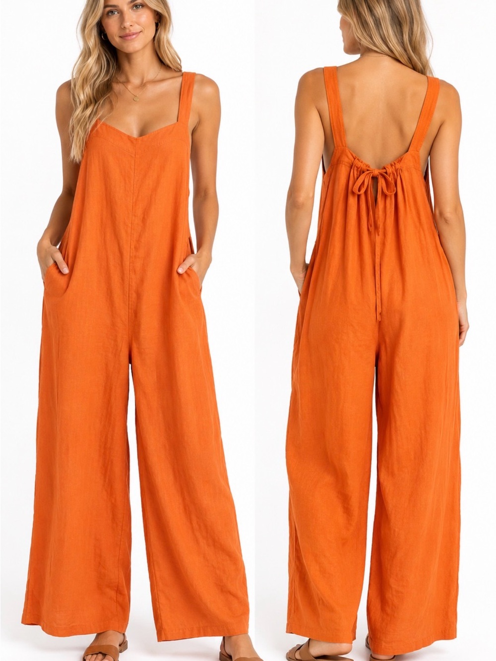 Haute Hippie Style NWT Orange Linen Blend Wide Leg Jumpsuit with pockets xl